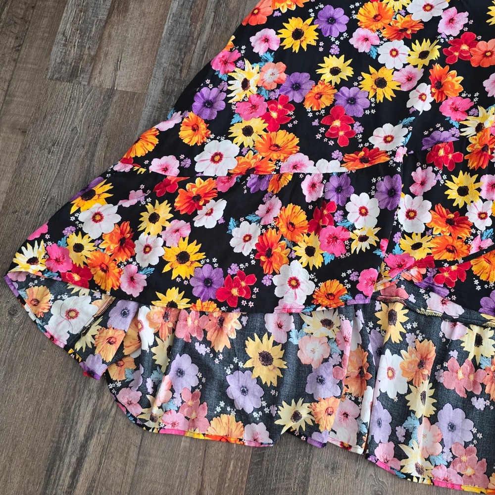 Torrid Floral Smocked High-Low Dress SZ 4 Black Yellow Boho Cottagecore Tiered - Picture 3 of 5